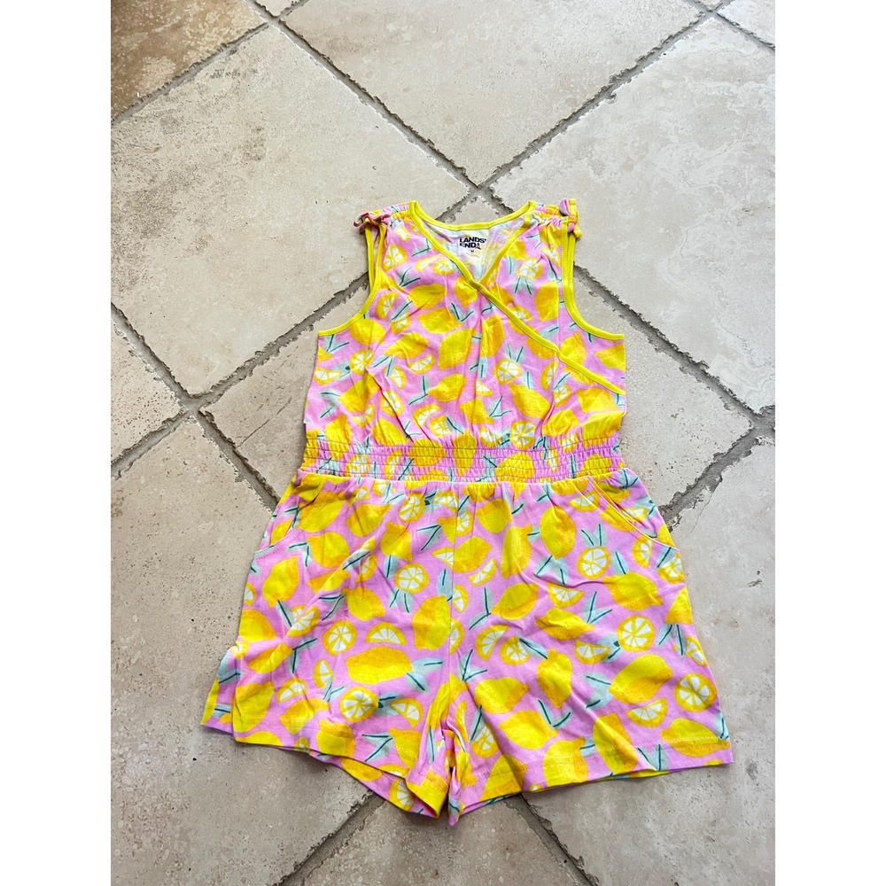 NEW Lands End Girls M (8+) Romper Pink Lemon Print Cotton Cinch Waist Romper